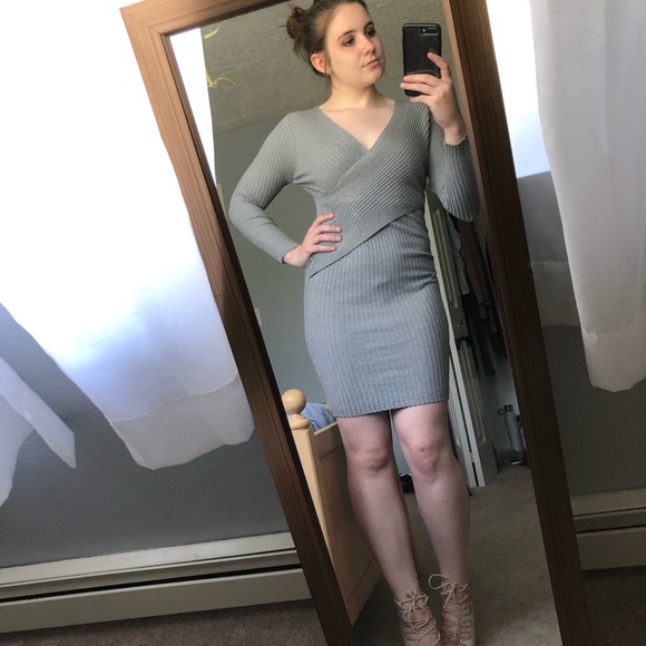 Grey Ribbed Cross Over Bodycon Dress - Picture 7 of 7